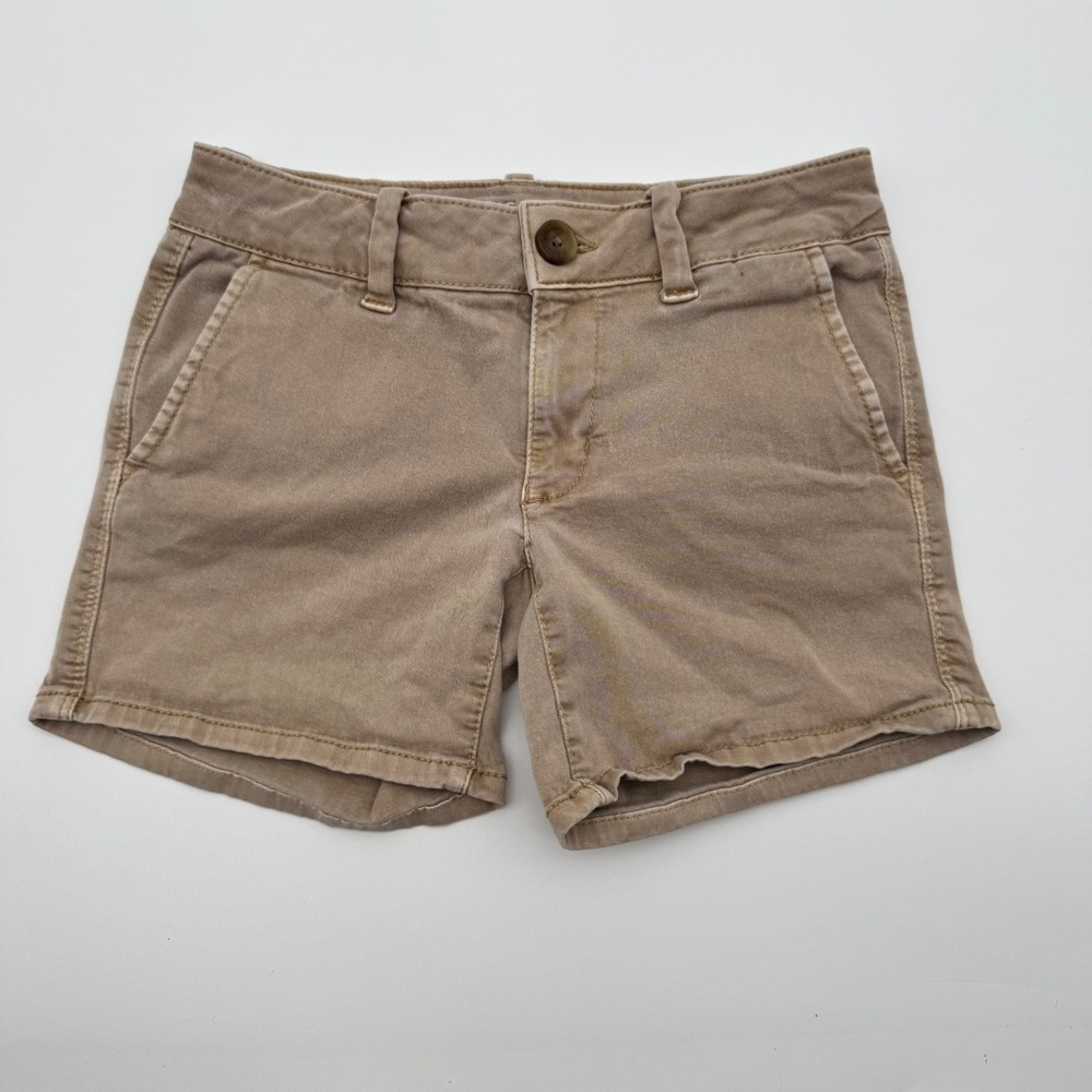 American Eagle Outfitters Y2K Women Chino Khaki Midi Shorts Tan Super Stretch 00